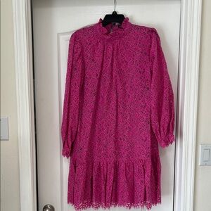 J. Crew Hot Pink Lace Long Sleeve Dress, M